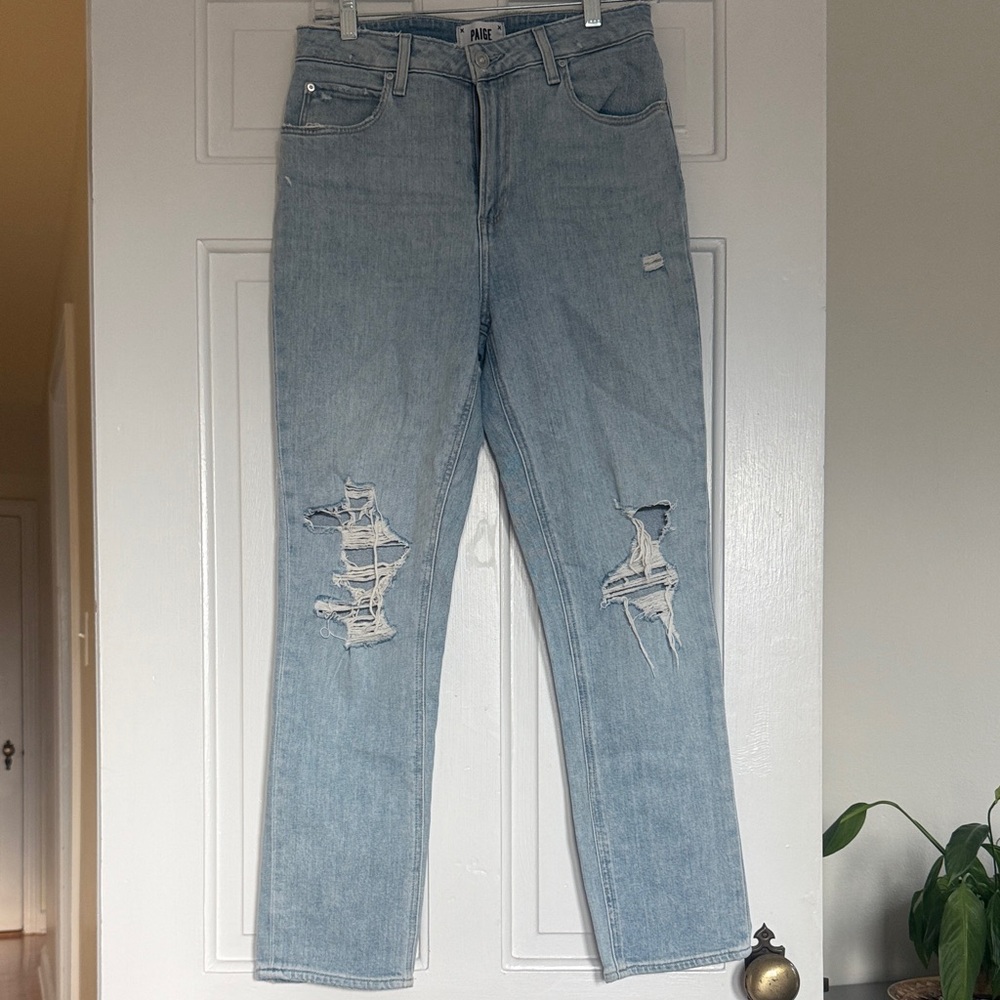 PAIGE Light Blue Distressed Straight Leg Jeans